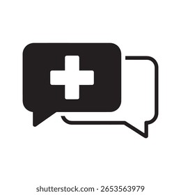 Medizinische Chat-Unterstützung Symbol mit Sprechblasen und ein Pluszeichen für Online-Arztberatung und Gesundheitswesen Kommunikationsdienste Vektor solide Glyphe Symbol