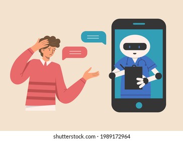Medical chatbot collects patient symptoms. Artificial intelligence supports and helps clinic patients. Vector flat illustration.