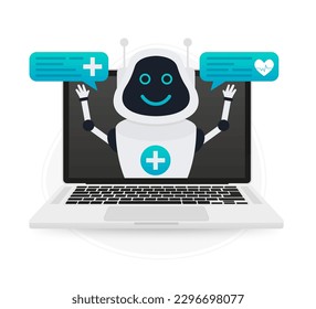 Medical chatbot concept. A bot from an on-screen monitor holds speech bubbles with medical icons. The chat bot answers patients' questions. Vector illustration