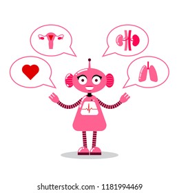 Medical chatbot concept. Cute robot doctor with icons of human organs. Scientific technologies for health. Concept AI in medicine.
