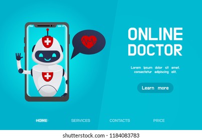 Medical chatbot concept.Health care. Online Doctor, medical consultation concept web banner with text place.robot doctor alks to the patient through the smartphone screen.  future modern medicine.