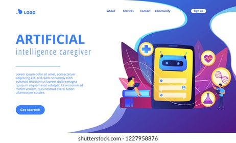 Medical chatbot gives healthcare consultation to patient. Chatbot healthcare use, artificial intelligence caregiver, anonymous consultation concept. Website vibrant violet landing web page template.