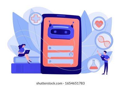 Medical chatbot gives healthcare consultation to patient. Chatbot healthcare use, artificial intelligence caregiver, anonymous consultation concept. Pinkish coral bluevector isolated illustration