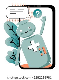 Medical Chatbot help. Artificial intelligence talks and helps patients. Consultation in the treatment or selection of a doctor, medications. Messages from the bot. Future technology. Vector doodle