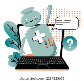 Medical Chatbot help. Artificial intelligence talks and helps patients. Consultation in the treatment or selection of a doctor, medications. Messages from the bot. Future technology. Vector doodle