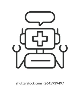 Bate-papo médico, ícone em design de linha. Médico-chatbot, saúde, ai-doutor, saúde digital, assistente virtual, consulta, chatbot no vetor de fundo branco. chatbot médico, ícone de traçado editável
