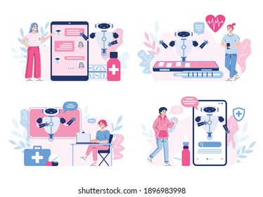 Medical chatbot, robot doctor on screen for service and support patients. People receive consultation and treatment in online chat. Technology of future for healthcare. Vector.