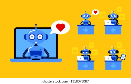 Medical chatbot. Set of cute robots-doctors. Scientific technologies for health. Concept AI in medicine.