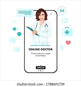 Medical Chatbot. Smartphone screen with female therapist and medical icons. Chat bot answers questions of patients. Online medical advise or consultation service, tele medicine, cardiology