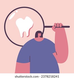 Medical Check Up concept. The girl holds a magnifying glass through which tooth is visible. Medical diagnosis of human. Flat vector illustration.