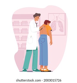 Medical Check Up Concept. Practitioner with Stethoscope Listening Male Patient Character Heart Beating or Breath in Doctor Therapist Office. Medicine Appointment. Cartoon People Vector Illustration
