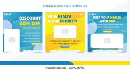 Medical Check up Feed Post Template Health care Flat Design of Square Background for Social Media, Greeting Card, Ads or web. Yellow and blue color concept. eps10.