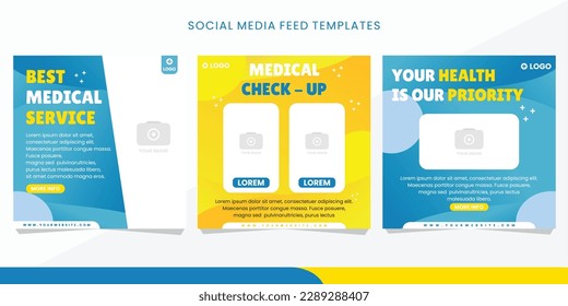 Medical Check up Feed Post Template Health care Flat Design of Square Background for Social Media, Greeting Card, Ads or web. Yellow and blue color concept. eps10.
