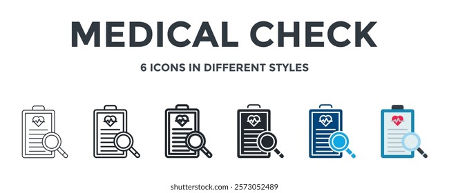 Medical Check Icon In Different Style Vector Illustration. Designed In Thin Line, Regular Line, Bold Line, Glyph, Color Fill, And Flat Style Can Be Used For Web