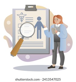 Medical check up illustration. Doctor, woman, record, magnifier. Editable vector graphic design.