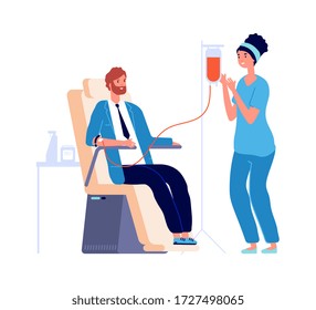 Medical Check In. Man Blood Donor, Isolated Flat Male Volunteer And Nurse. Transfusion Donating Or Analysis In Health Center Vector Illustration