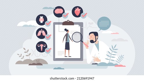 Medical check up and organ health inspection or diagnosis tiny person concept. Medical wellness research with patient examination vector illustration. Responsible body care and disease prevention.