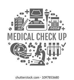 Medical check up poster template. Vector flat glyph icons, illustration of health care center, equipment, mri, ultrasound, blood test, microscope. Healthcare, diagnostics clinic banner.
