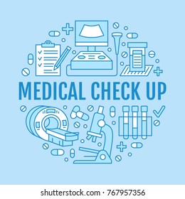 Medical check up poster template. Vector flat line icons, illustration of health care center, equipment, mri, ultrasound, blood test, microscope. Healthcare, diagnostics clinic banner.
