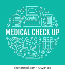 Medical check up poster template. Vector flat line icons, illustration of health care center equipment, mri, ultrasound, blood test, microscope. Healthcare, diagnostics clinic banner.