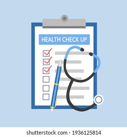 Medical Check Up Report, Stethoscope And Pen In Flat Design. Health Check Up Concept Vector Illustration.