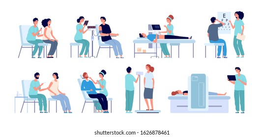 Medical check up. Doctor checking patient, eyes test and physical health. Hospital pre operation procedures. Male female checkup vector set