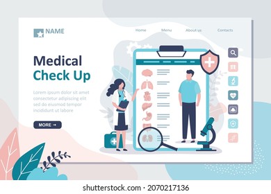 Medical Check Up, Landing Page Template. Doctor Examines Analysis Medical Card Of Patient. Man Underwent Examination Of Internal Organs. Check Up Report. Diagnosis And Detection Of Diseases. Vector