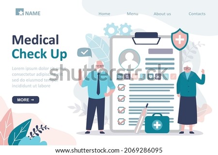 Medical check up, landing page template. Elderly couple underwent complete medical examination. Report with data on check up results and patients analyzes. Healthcare concept. Flat Vector illustration