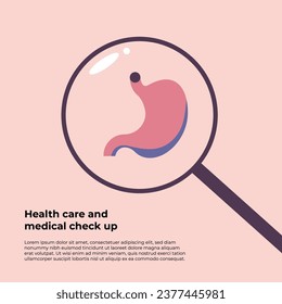 Medical Check Up. Magnifying glass through which the stomach are visible. Medical diagnosis of human. Flat vector banner illustration.