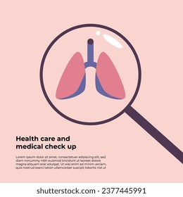 Medical Check Up. Magnifying glass through which the lungs are visible. Medical diagnosis of human. Flat vector banner illustration.