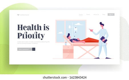 Medical Check Up, Sick Man Recovery Process Website Landing Page. Doctor in Medical Robe Visiting Patient Lying with Dropper in Bed at Hospital Chamber Web Banner. Cartoon Flat Vector Illustration