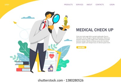 Medical check up vector website template, web page and landing page design for website and mobile site development. Doctor looking at girl on his palm with magnifying glass. Medical diagnosis concept.