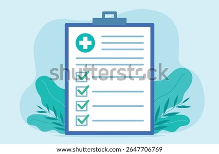 Medical checklist. Flat design vector. Illustration of Patient test results document. Green checkers. Medical document.