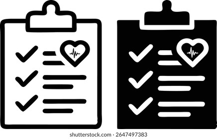 Conjunto de ícones de lista de verificação médica - ilustração do vetor do símbolo de saúde em preto e branco