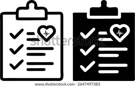 Medical Checklist Icon Set – Black and White Health Clipboard Symbol Vector Illustration