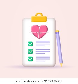 Medical checkup. 3d health check up. Check list on clipboard with heart icon. Healthcare, cardiovascular diagnostic concept. Vector illustration.