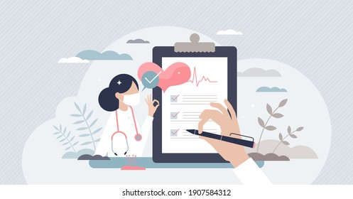 Medical checkup as annual doctor health test appointment tiny person concept. Preventive examination reduce illness and disease diagnosis vector illustration. Patient consults hospital specialist.