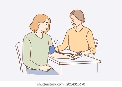 Medical Checkup Of Blood Pressure Concept. Female Doctor Making Blood Pressure And Health Examination In Clinic For Young Woman Patient Vector Illustration 