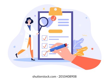 Medical checkup concept. Doctor conducts a routine examination for the prevention of various diseases. Consultation with a therapist. Cartoon flat vector illustration isolated on a white background