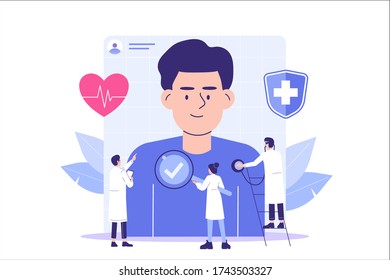 Medical Checkup Concept. Doctors and Medical Staff examining male patient. Healthcare. Medical diagnosis. Medicine. Isolated flat vector illustration for poster, web, banner, ui, infographics