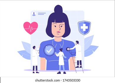 Medical Checkup Concept. Doctors and Medical Staff examining female patient. Healthcare. Medical diagnosis. Medicine. Isolated flat vector illustration for poster, web, banner, ui, infographics