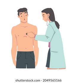 Medical Check-up with Female Doctor in White Coat Examining Patient with Stethoscope Vector Illustration