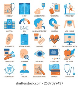 Coleção de ícones planos de check-up médico. Saúde, símbolos médicos. Ilustração vetorial.