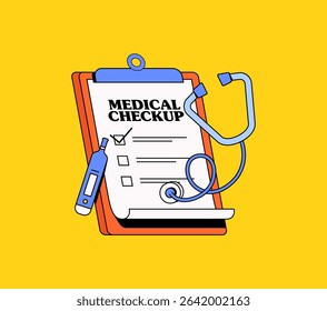 Medical checkup form on a clipboard with a thermometer and stethoscope. Suitable for healthcare, medical services, and hospital-related themes cartoon vector illustration hand drawn design