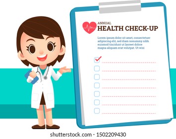 Medical check-up graphic with cute female doctor character