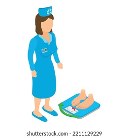 Medical Checkup Icon Isometric Vector. Medical Nurseand, Patient On Floor Scale. Healthcare, Healthy Lifestyle