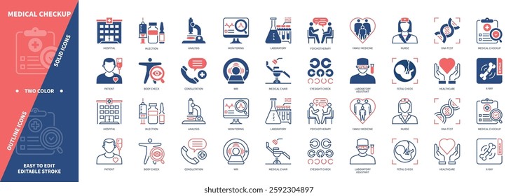 Medical Checkup icon set. Patient, Laboratory, Analysis, Consultation, Hospital, Fetal Check, Nurse, DNA Test. Duotone color solid and editable outline icons