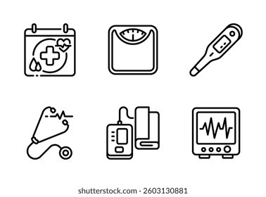 Medical checkup icon set, vector, in line style, for medical, health, health care, wellness, etc