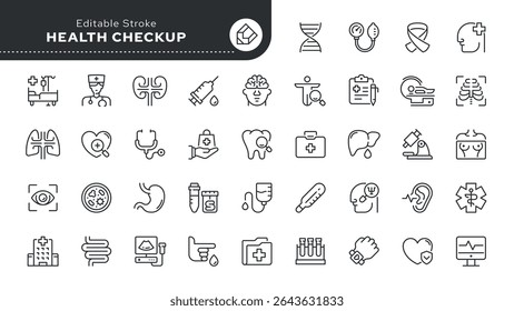 Medical checkup line icon set. Medicine, medical health, healthcare, care, doctor, nurse, treatment, hospital and more. Outline icon in linear style. Vector collection.	

