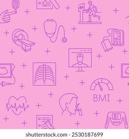 Medical checkup line seamless pattern. Medicine background, health check-up symbols. Vector illustration.